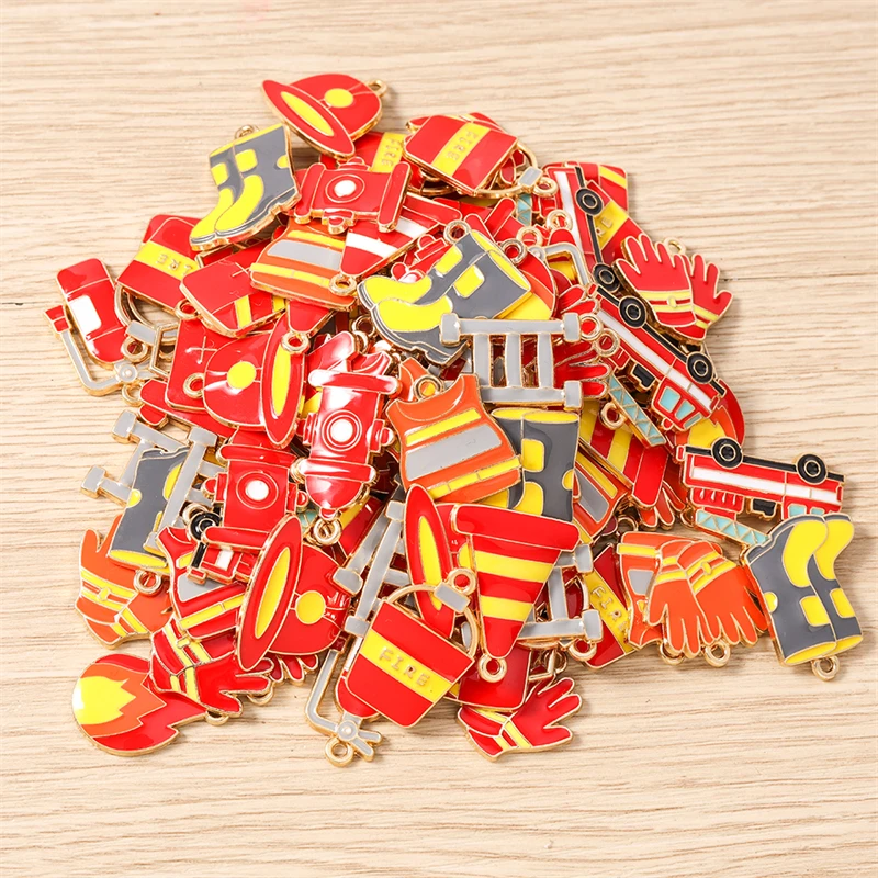 10pcs Mix Enamel Fire Theme Firefighting Tools Charms Pendants for Jewelry Making Drop Earrings Necklaces DIY Crafts Accessories