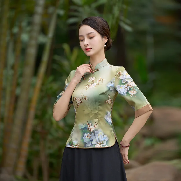 Satin Qipao hauts dame chemisier élégant fleur imprimé Cheongsam chemise Tradition Style chinois Tang Costume printemps été nouveau Costume