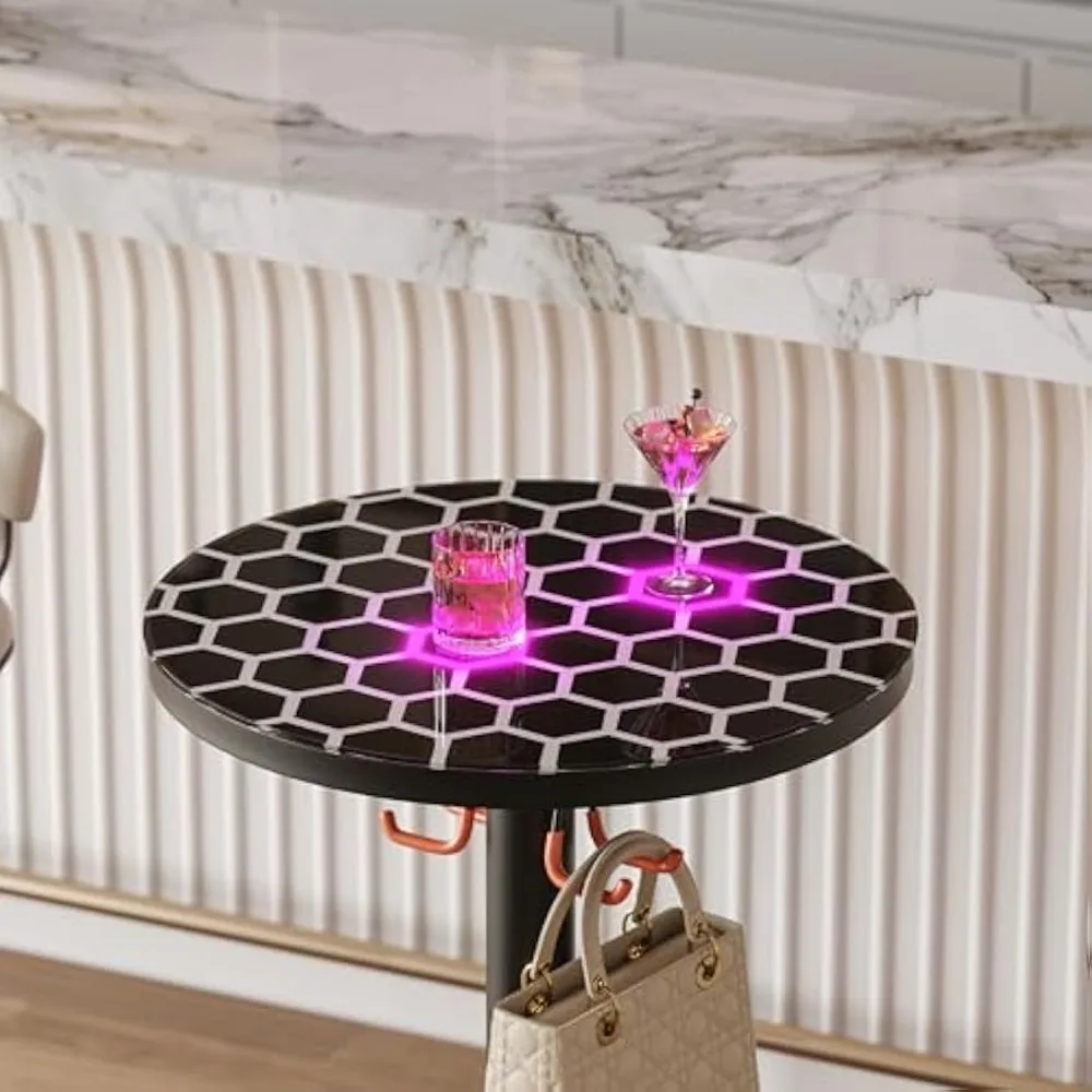 바 테이블, 다채로운 조명과 유리 상판이 있는 모던한 원형 바 테이블, 스타일리시한 인터랙티브 칵테일 테이블, 훌과 메타 포함