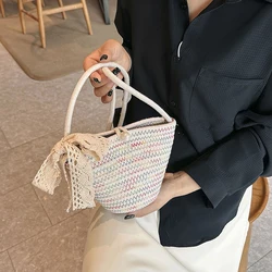 Women's Cotton Woven Bag Summer Trendy Portable Beach Bucket Crossbody Bag Knitted Shoulder Bag for Travel