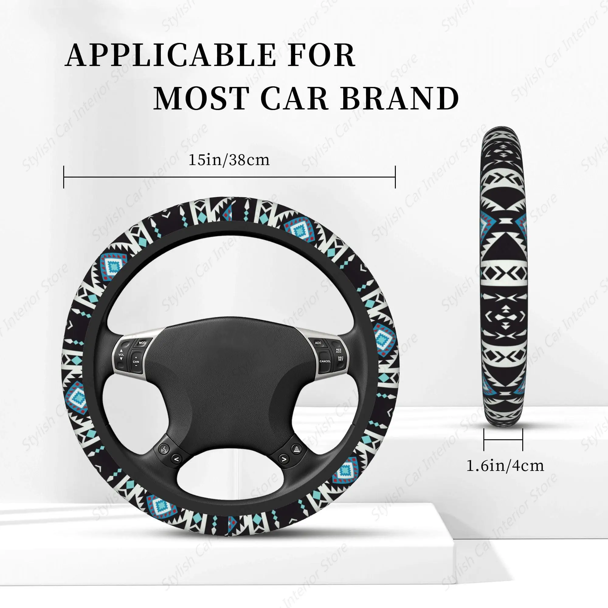 Ethnic Aztec Geometric Tribal Native Car Steering Wheel Cover Universal 15 Inch Stretch Cloth Non-Slip Wrap Protector Case