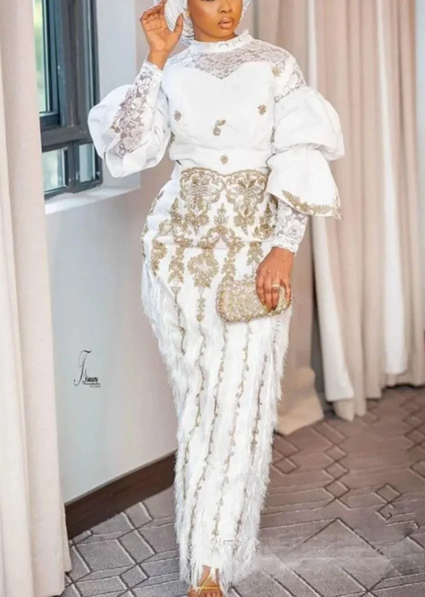 

Кружевные топы с воротником-стойкой и длинными рукавами, с кисточками и высокой талией, набедренные вечерние элегантные женские комплекты с юбкой с принтом, комплекты из двух предметов