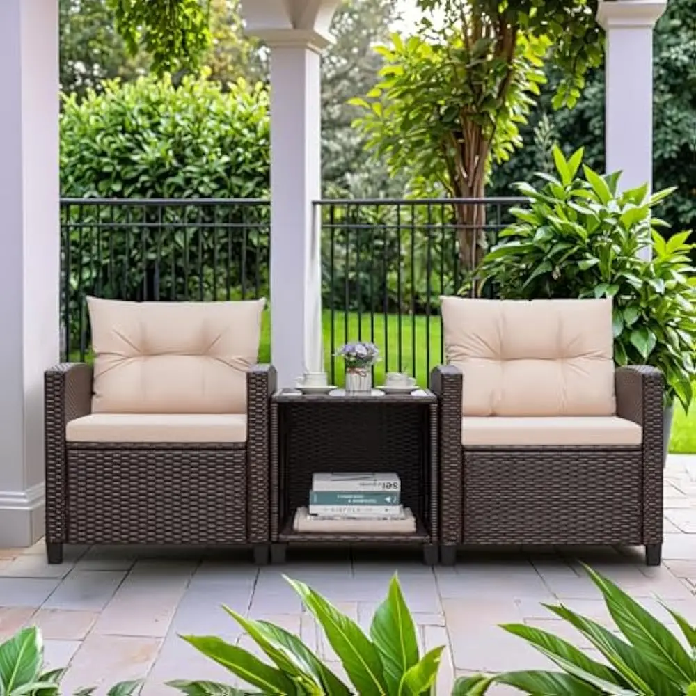 

3 Pieces Patio Furniture Set, Outdoor PE Rattan Wicker Chairs w/Soft Cushion and Glass Coffee Table for Garden Porch Poolside