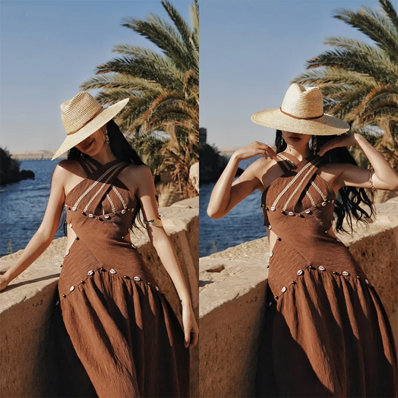 TIYIHAILEY 긴 맥시 여름 여성 숙녀 드레스 민소매 패션 섹시한 슬릿 2025 새로운 브라운 스파게티 스트랩 휴일 S-L