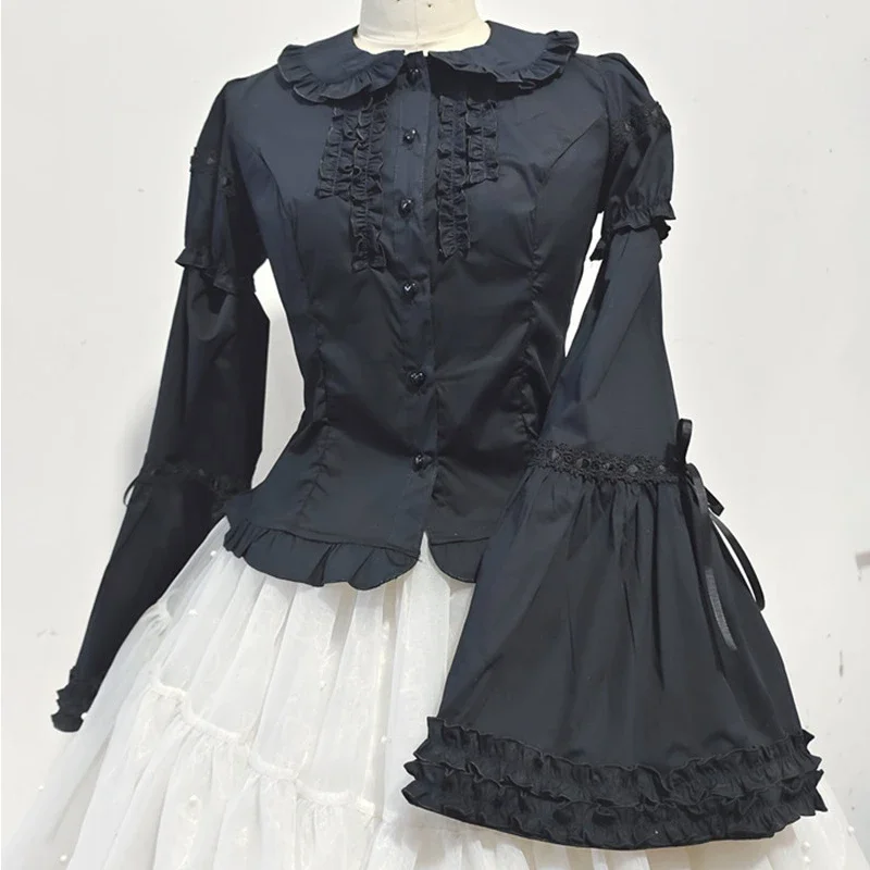 Japanese Gothic Lolita Style Shirts Women Vintage Elegant Detachable Long Sleeves Blouses Victorian Peter Pan Collar Slim Tops