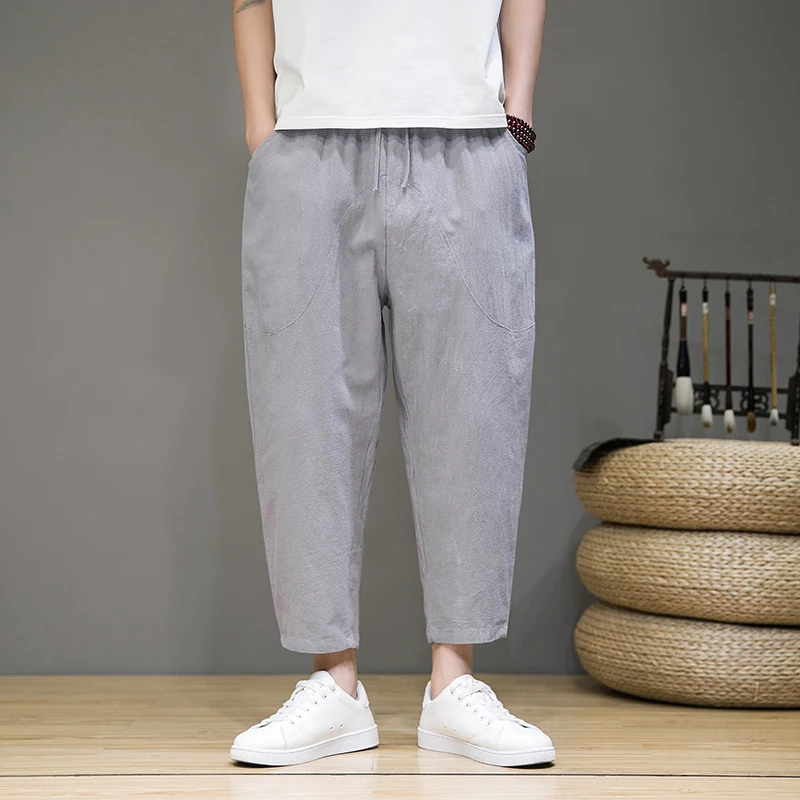 Men's Cotton Linen Pants Male Cool Summer Breathable Harem Pants Solid Color Beach Trousers Yoga Tlastic Waist Cropped Pants