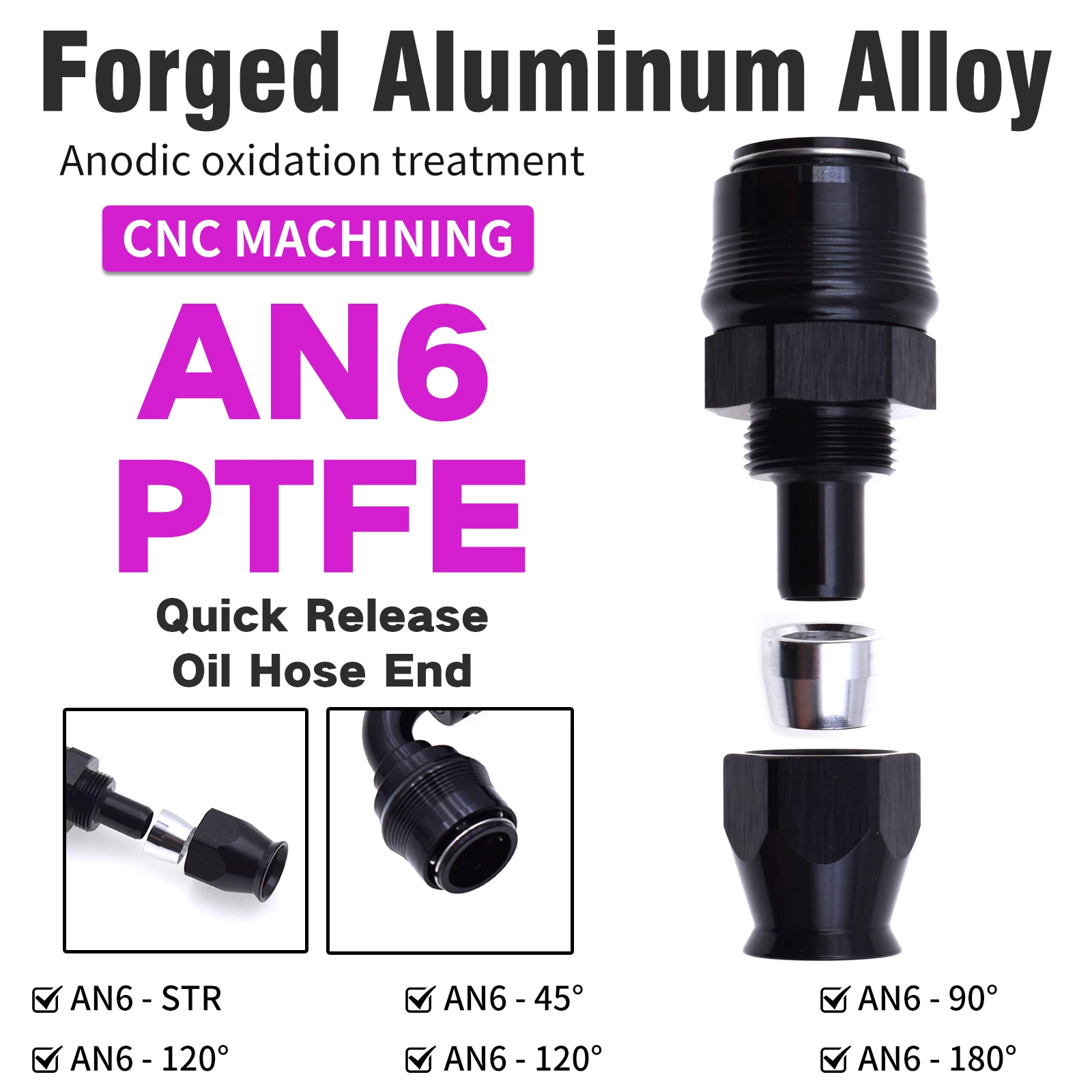 PTFE AN6 Al Alloy Straight 45°90 Degree Swivel Hose End Fitting Quick Release Oil Hose Connector Universal Auto Modified Adapter