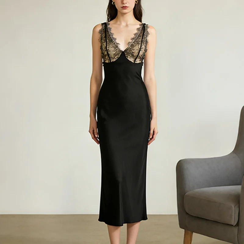 

Ticketsx Sexy V Neck Lace Dress Elegant Contrast Patchwork Slim Long Dresses Fashion Summer Backless Luxury Party Evening Dress