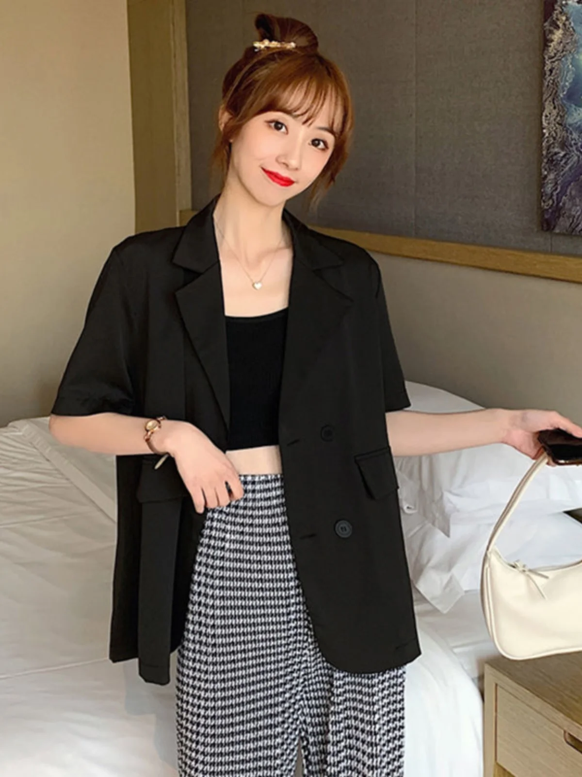 

Long Coat Woman Women'S Blazer Aesthetic Sleeved Ins Breathable Creativity Color-Block Leg Graffiti Two-Color Weave Causal