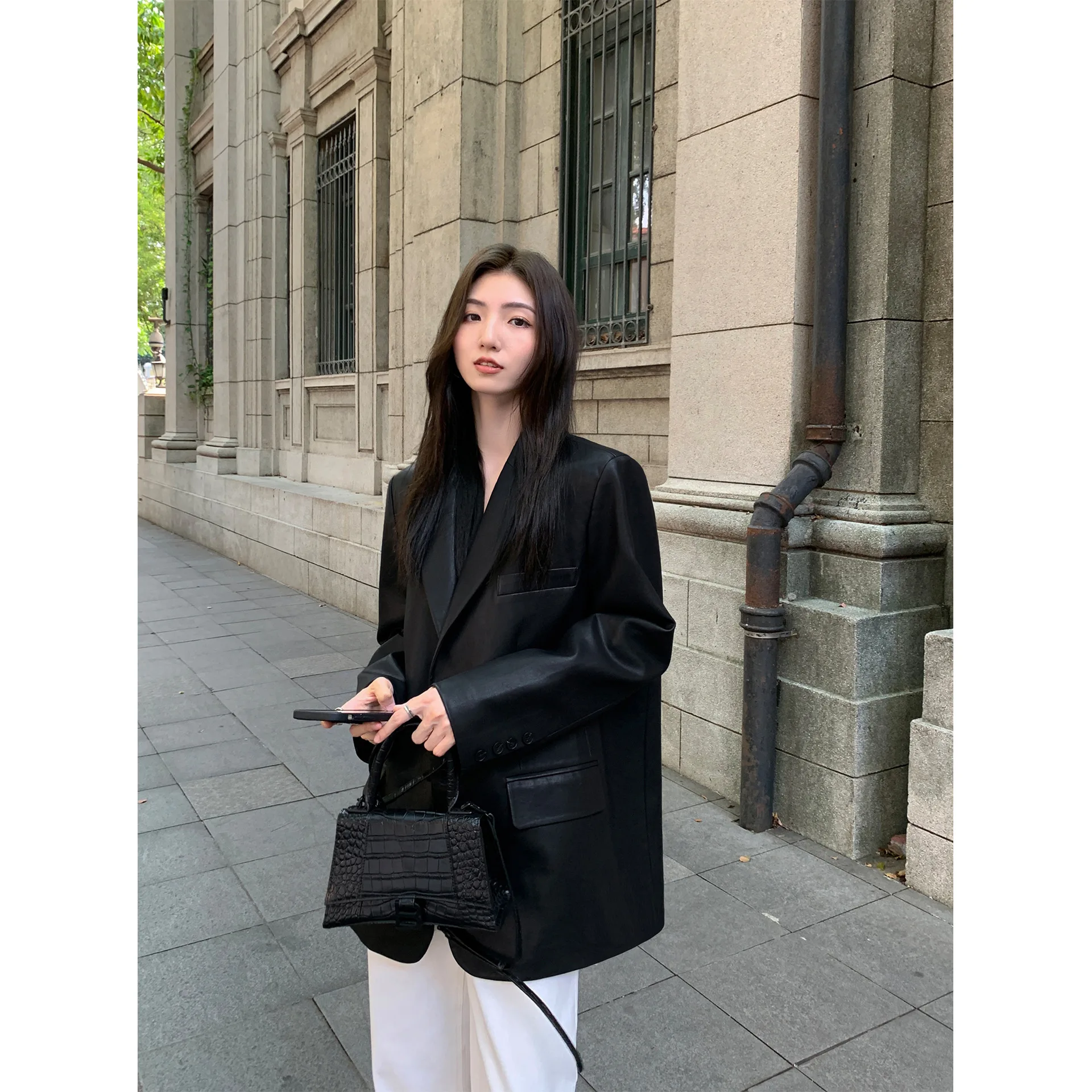 Women's Black PU Leather Jacket Coat Women Spring Autumn New Loose Elegant High-End Small Blazer
