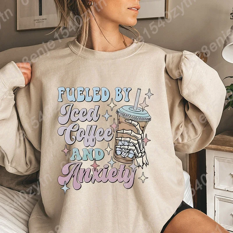 Coffee & Letter Print Crew Neck Overzied Sweatshirt, Casual Long Sleeve Top For Fall & Winter, Women's Oversized Sweatshirts