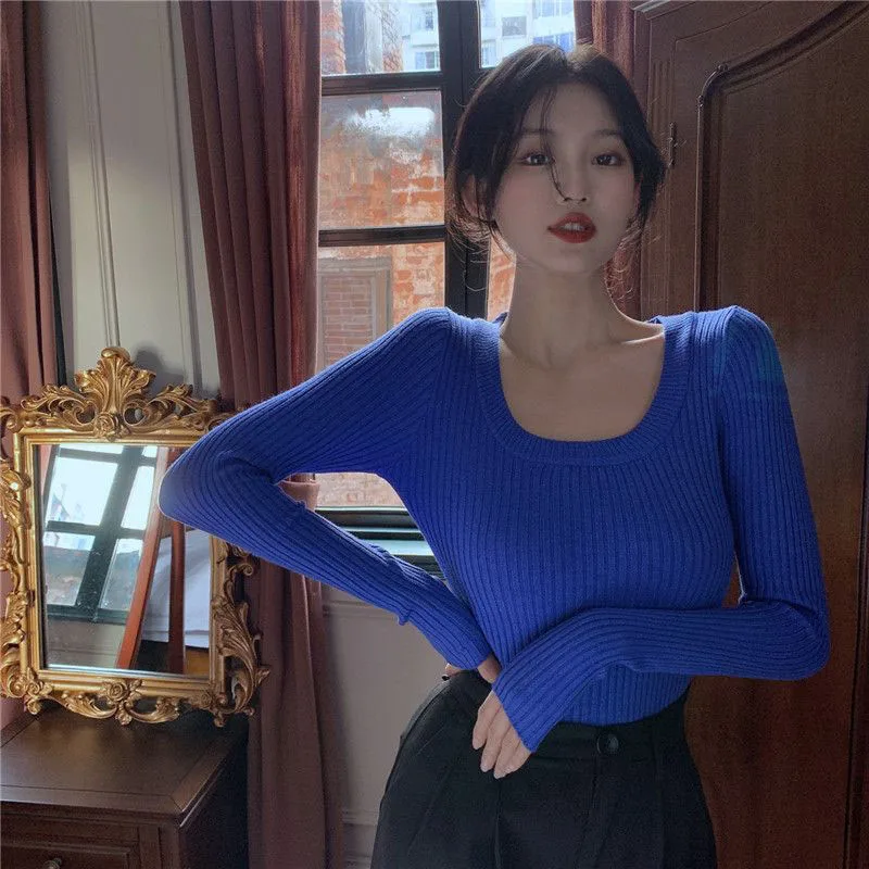 

Autumn Winter Simple Basic Sweater Pullovers Women All-Match O-Neck Solid Knit Slim Pullover Female Sexy Skinny Low-Cut Jumper