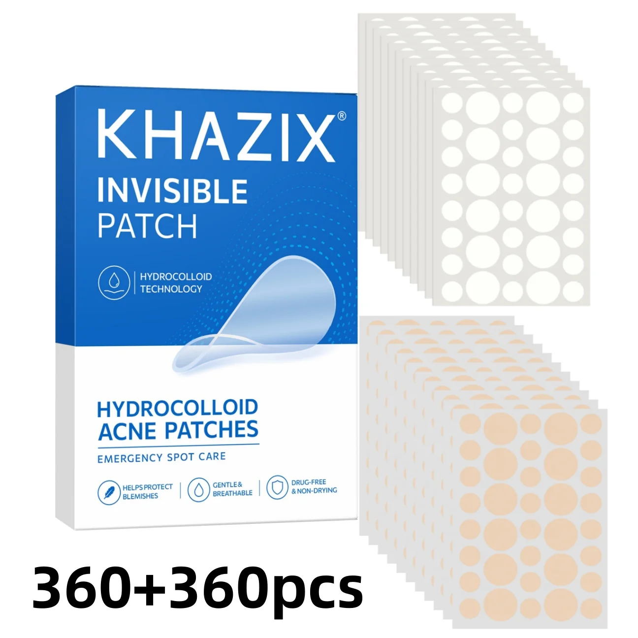 KHAZIX 720PCS Hydrocolloid Pimple Patches, Invisible Blemish Covers, Ultra-Thin Breathable Waterproof Face Stickers