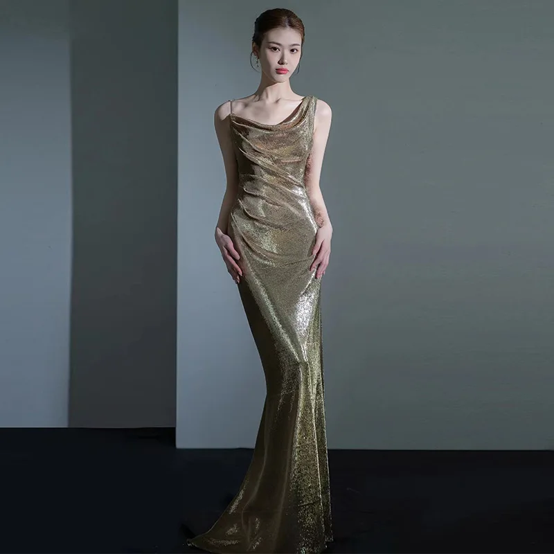 

Shiny Gold Swinging Collar Evening Dress For Women Sexy Backless Slim Mermaid Cocktail Gown Floor Length Formal Banquet Dresses