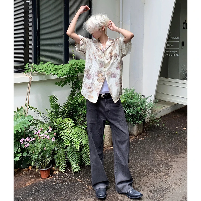 

Мужская рубашка с кубинским воротником и цветочным узором, свободного кроя, летняя, модная, с защитой от УФ-излучения, с рукавом до локтя, повседневная