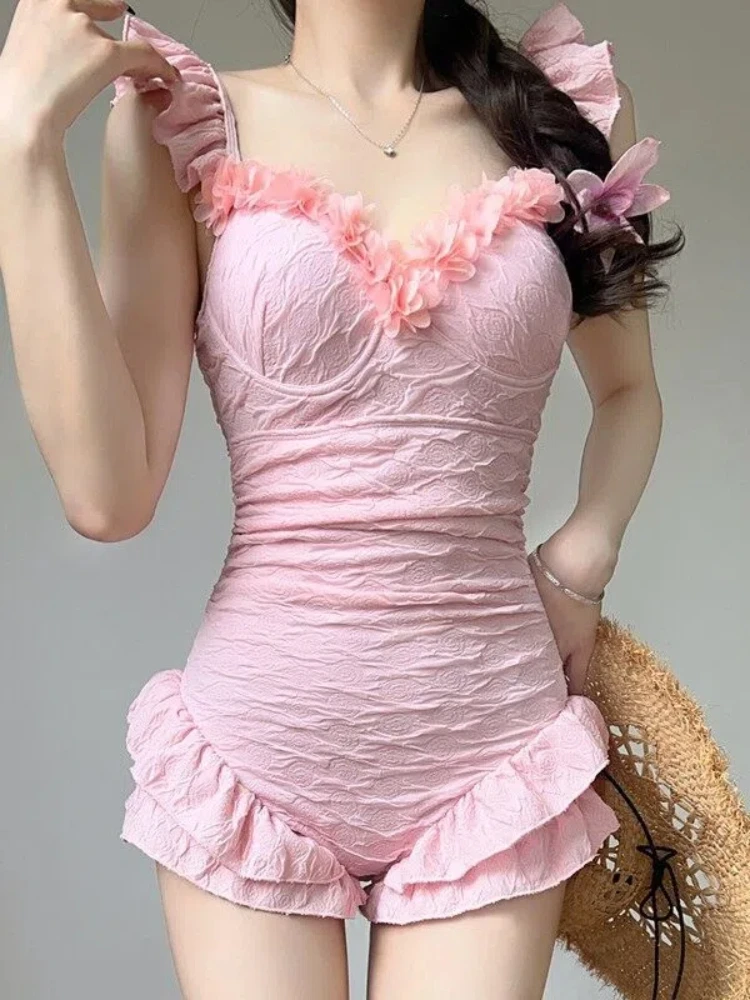 2026 المرأة كشكش تقليم قطعة واحدة ملابس السباحة التخسيس حبيبته العنق لتمثال نصفي صغير التغطية متواضعة الربيع الساخن مثير ارتداءها #5