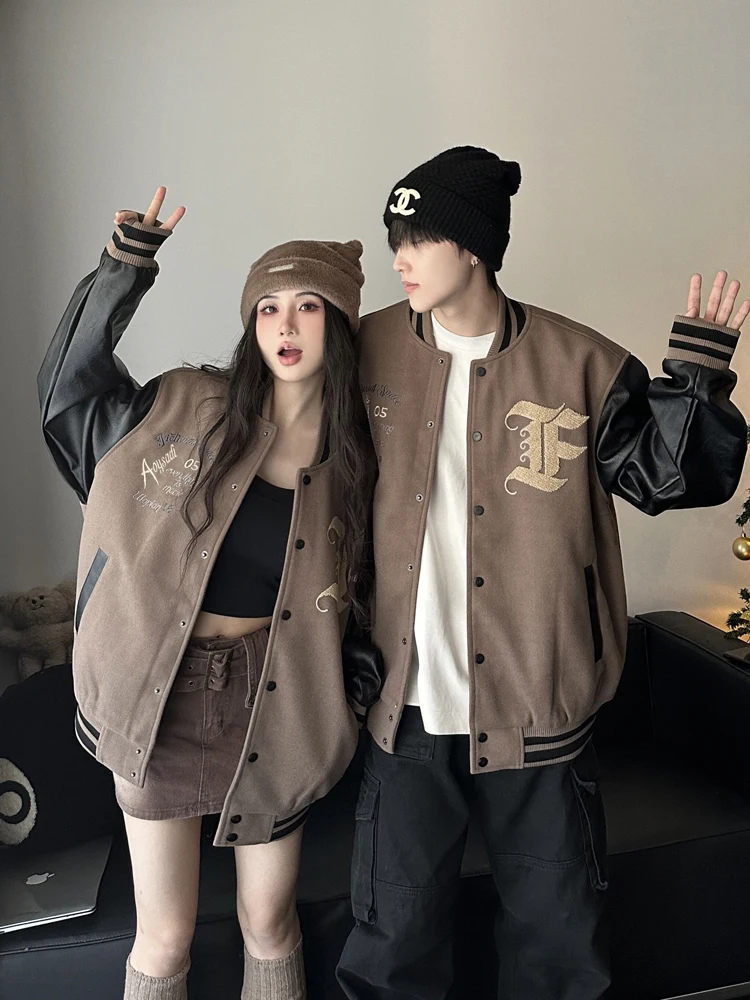 American Style Loose Fit PU Leather Patchwork Baseball Jacket Thickened Couple Outfit Autumn Winter Casual Coat for Teens