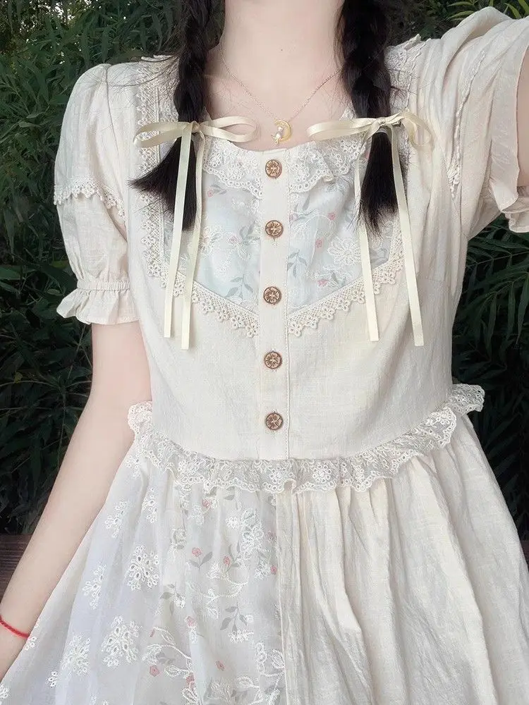 Sweet Women's Floral Dress Mori Gril Lace Doll Collar A-line Dresses Preppy Style Summer Casual Loose Short Sleeve Vestidos Robe