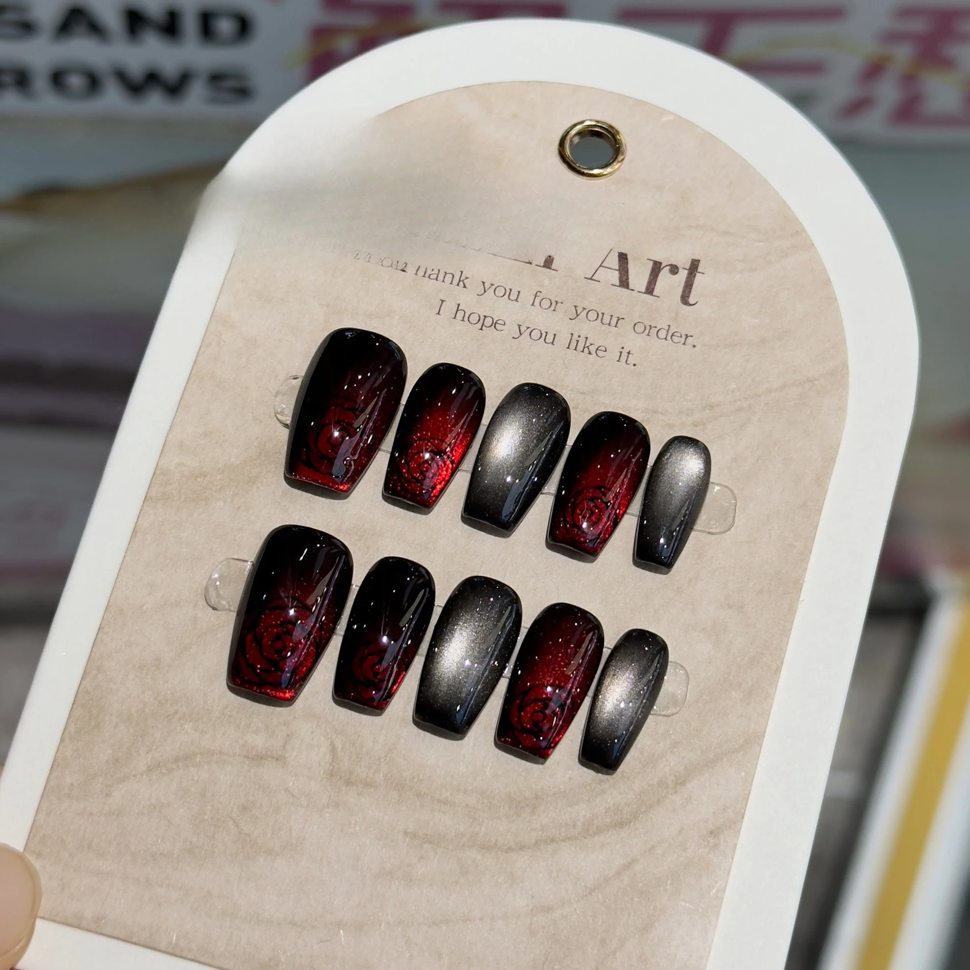 10Pcs Handmade Hand Drawn Black and Red Night Roses Nails False Cat Eye Nails Design for Girls Party&Summer Art