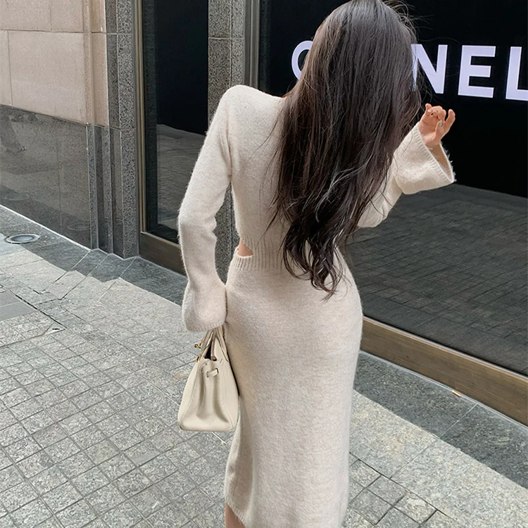 Show Waist Bodycon Knitted Midi Dress O-neck Long Sleeve Party Elegant Korean Winter Sexy French Slim Vestiti Donna Fall 2024