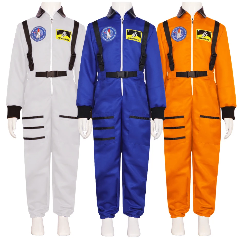 Traje de astronauta para homens e mulheres, macacão cosplay, traje Halloween, piloto voo, macacão de festa, espaço, meninos, meninas, crianças, adulto