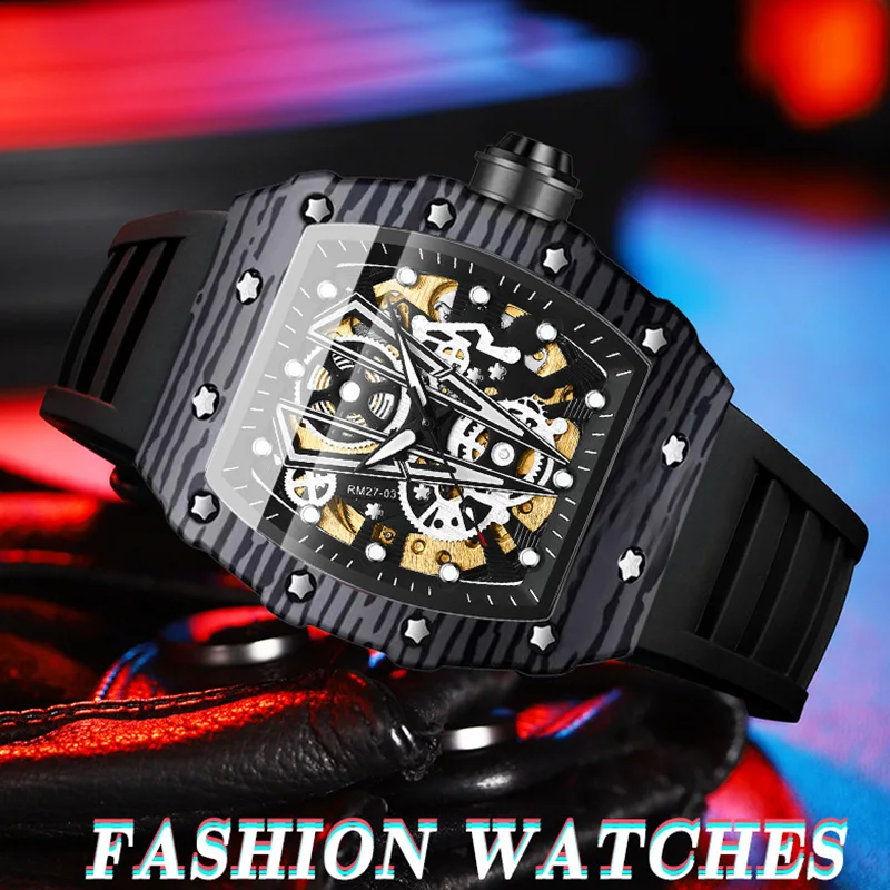 Luxury Brand Men Mechancial Watch Original Tonneau Automatic Wristwatch Fashion Rubber Strap Waterproof Mille Relogio Masculino