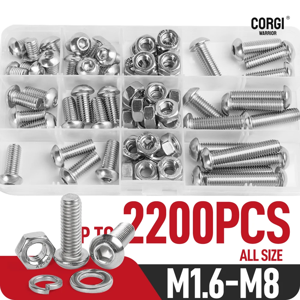 72-2200 Button Head Screws 304 Stainless Steel Hex Socket Cap Screws Bolts Assortment Kit M1.6 M2 M2.5 M3 M4 M5 M6 M8 with Nuts