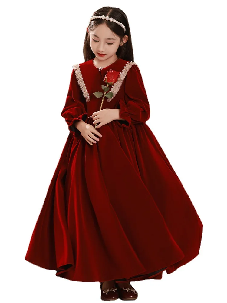 2024 Teenmiro Designer Christmas Party Dress for Girls Kids Wine Red Beading Velvet Dresses Children Elegant Vintage Ball Gowns