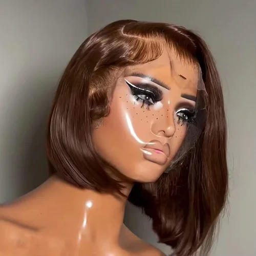 Marrón chocolate # 4 pelucas rectas Bob cabello humano pelucas frontales de encaje transparente 220% densidad 13x4 pelucas Bob corto cabello brasileño