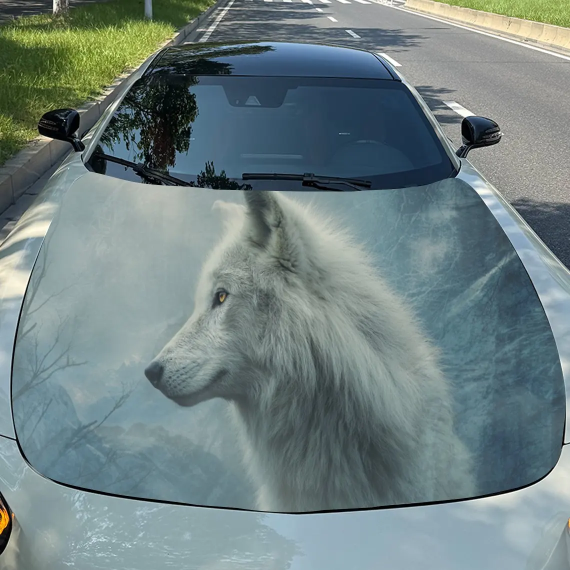 

Arctic White Wolf Car Vinyl Wrap, PVC Waterproof Car Hood Sticker, Self-Adhesive Scratch-Resistant Stickers for Engine Cover, Ca
