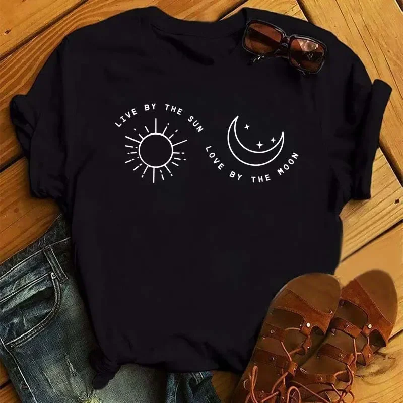 2026 Golden Sun Moon Stars Print Women T Shirt Short Sleeve O Neck Loose Women Tshirt Ladies Tee Shirt Tops Camisetas Mujer