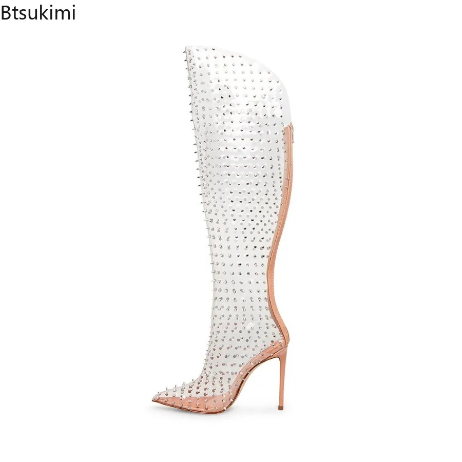 

2025 Women's Transparent PU Rivet Design Knee Boots Stiletto Heel Banck Zip Boots Stud Luxury Boot Spring Daily Punk Shoes Lady