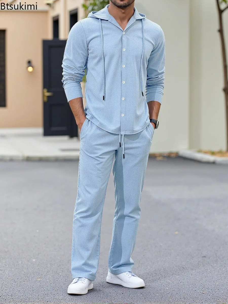 Men Fall Matching Suit Loose Hoodie Collar Button Long Sleeve Shirt Elastic Waist Long Pants Versatile Casual Male Two Piece Set