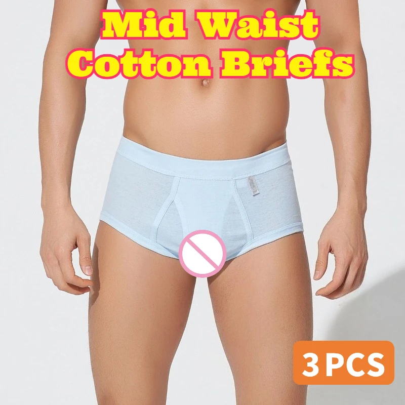 3pcs Cotton Men Underwear Rib Seamless Breathable Xinjiang Cotton Loose Mid Waist Triangle Underpants Pack Soft Daily Wear