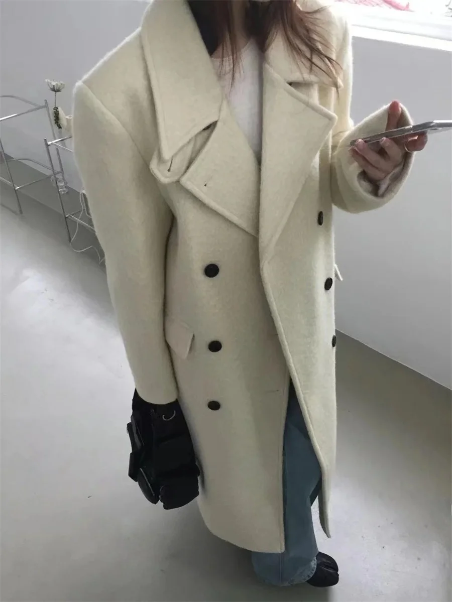   معطف صوفي طويل بأزرار صف مزدوج لندن Sle ملابس خارجية عتيقة للتنقل في الشتاء لون نقي قطع مستقيمة