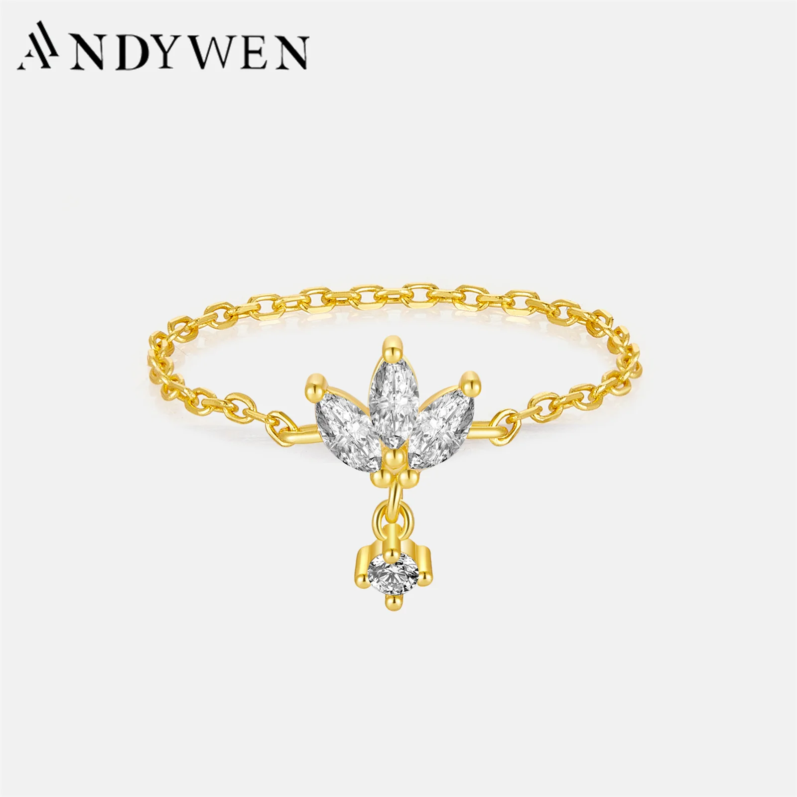 ANDYWEN 100% 925 Sterling Silver Gold Soft Chain Zircon Queen Rings Women Luxury Fine Jewelry 2021 Wedding Party Anniversary