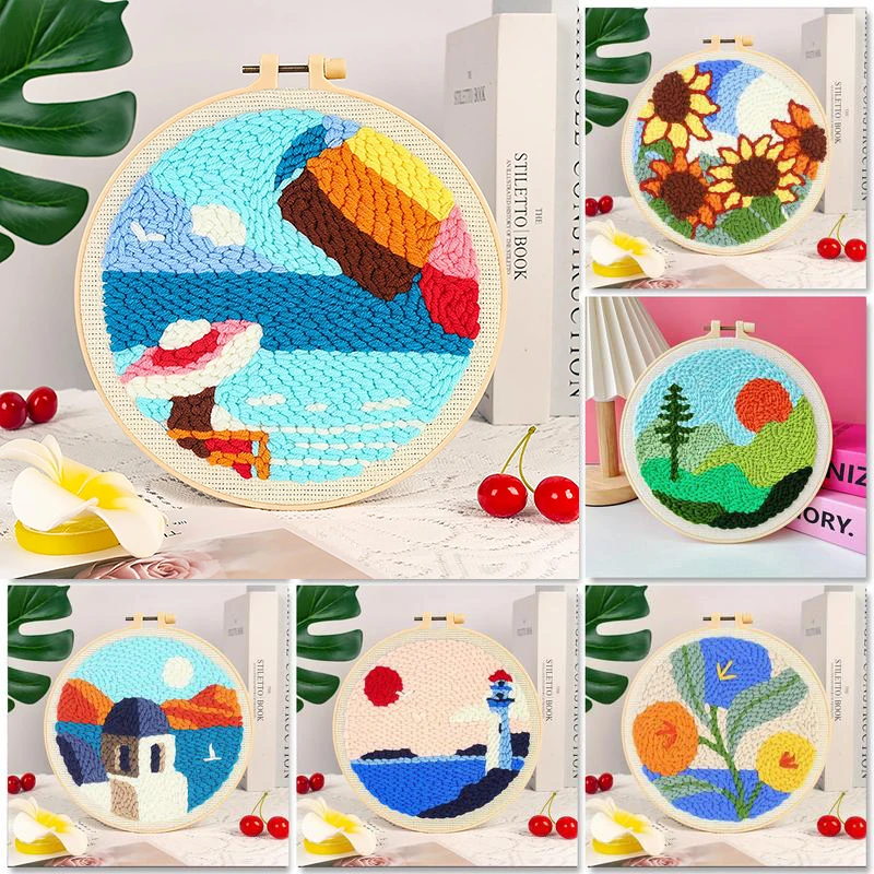 

GATYZTORY Beach Scenery Diy Needle Punch Kit Wall Art Picture Cross Stitch Kits Landscape Punch Needle Frame Handiwork Art Diy