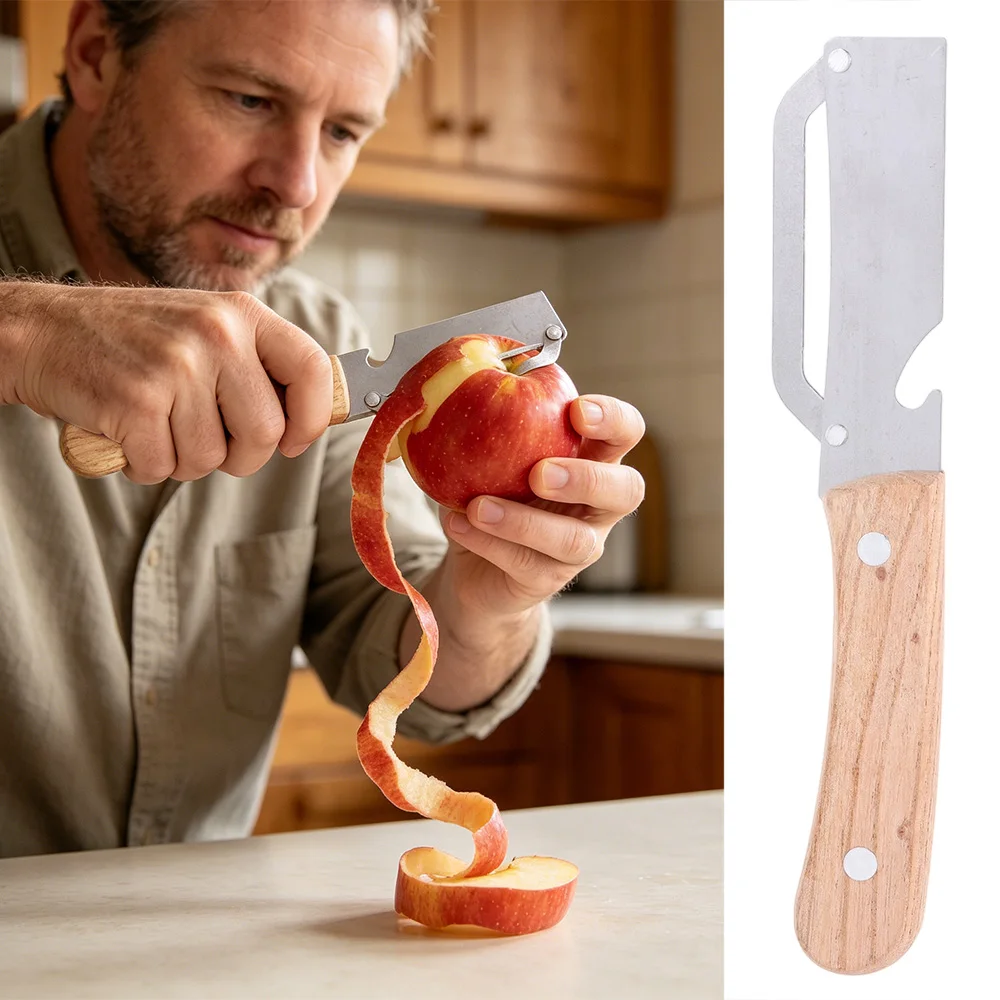 Multi-Functional Vegetable Peeler with Wooden Handle and Bottle Opener Stainless Steel Kitchen Peeler Peeling Tool Kitchen Tool