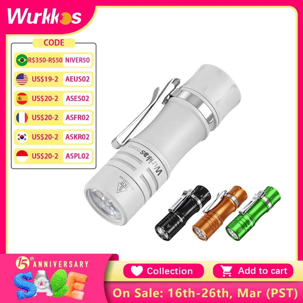 Wurkkos New TS10 V2 14500 Powerful Mini EDC Flashlight with 3* 90 CRI LEDs and 3* RGB Aux LEDs Anduril 2.0 Max 1400lm IPX8 Torch