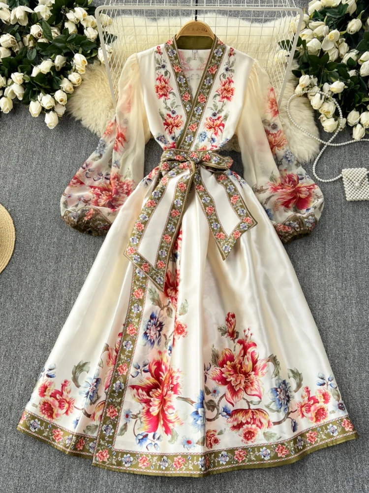 French Retro Elegant Dress Women Printed Floral High Waisted Bandage Long Dresses Ladies Slim A-line Sexy V-neck Party Long Robe