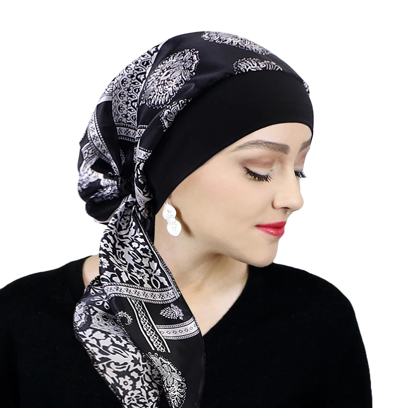 Printed Pre-tie Headscarf Women Elastic Muslim Female Turban Cancer Chemo Hat Hair Loss Cover Head Wrap Headwear Stretch Bandana