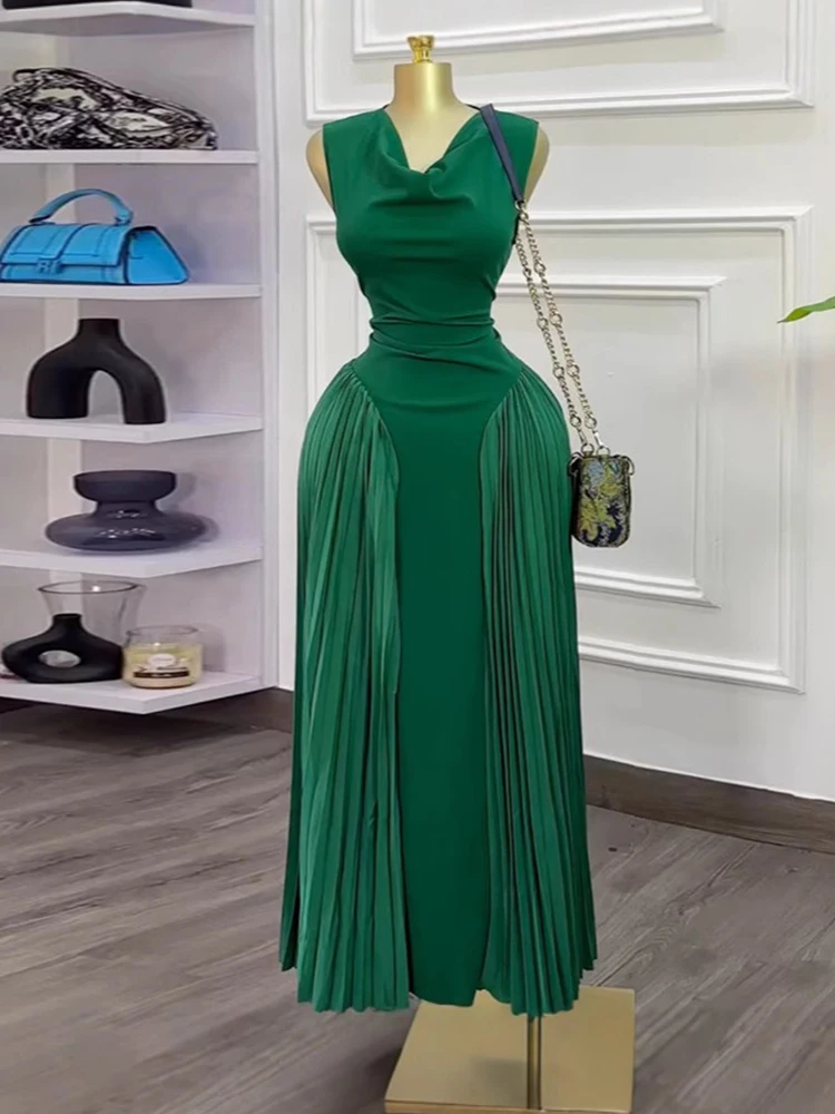 

Women V Neck Sleeveless Dress High Waisted Elegant Pleated Dress New Solid Summer Long Dress Ladies Wholesale Dropshipping