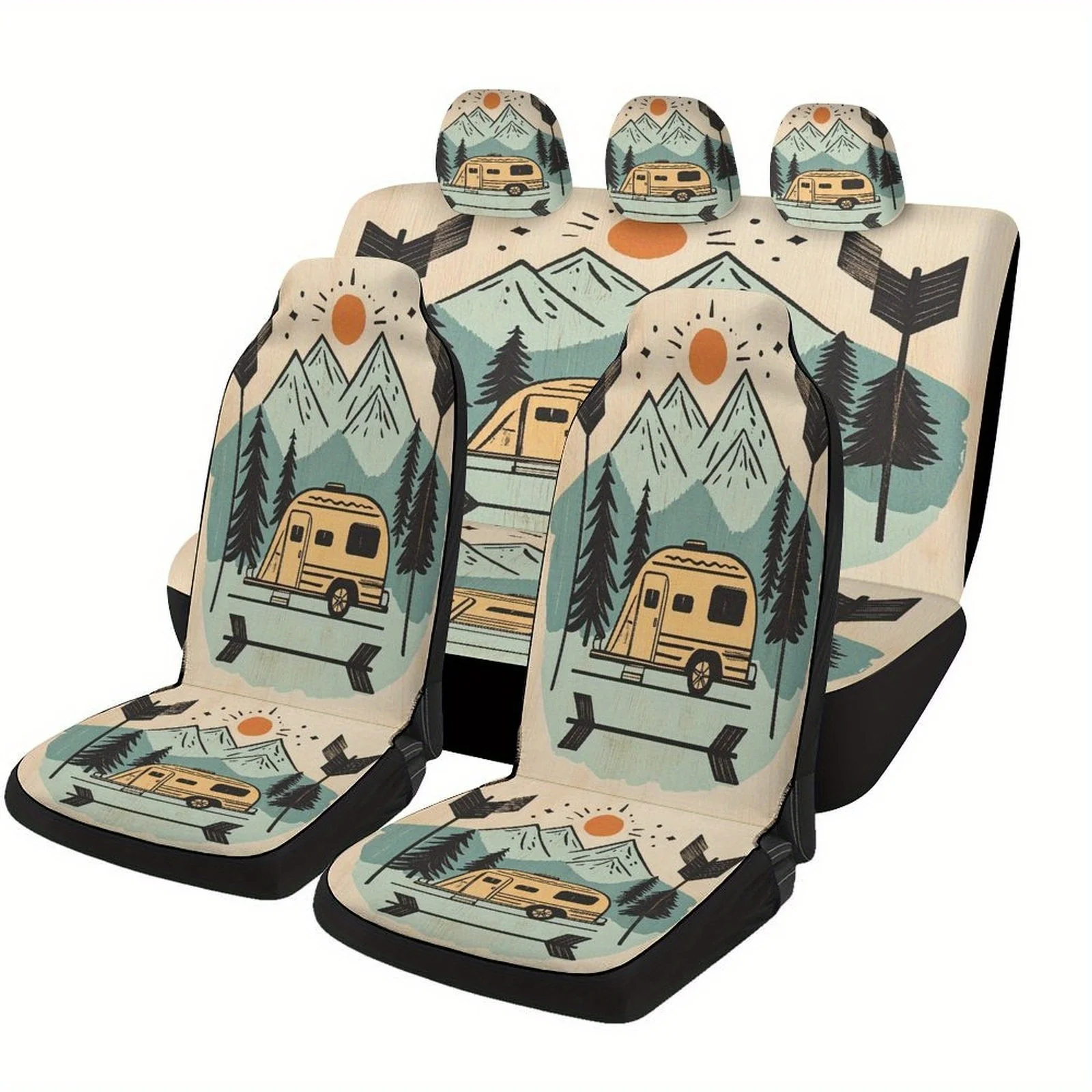 Set di coprisedili per auto con design Camper In Mountains |   Coprisedili universali in poliestere di alta qualità e alla moda per 2 sedili anteriori
