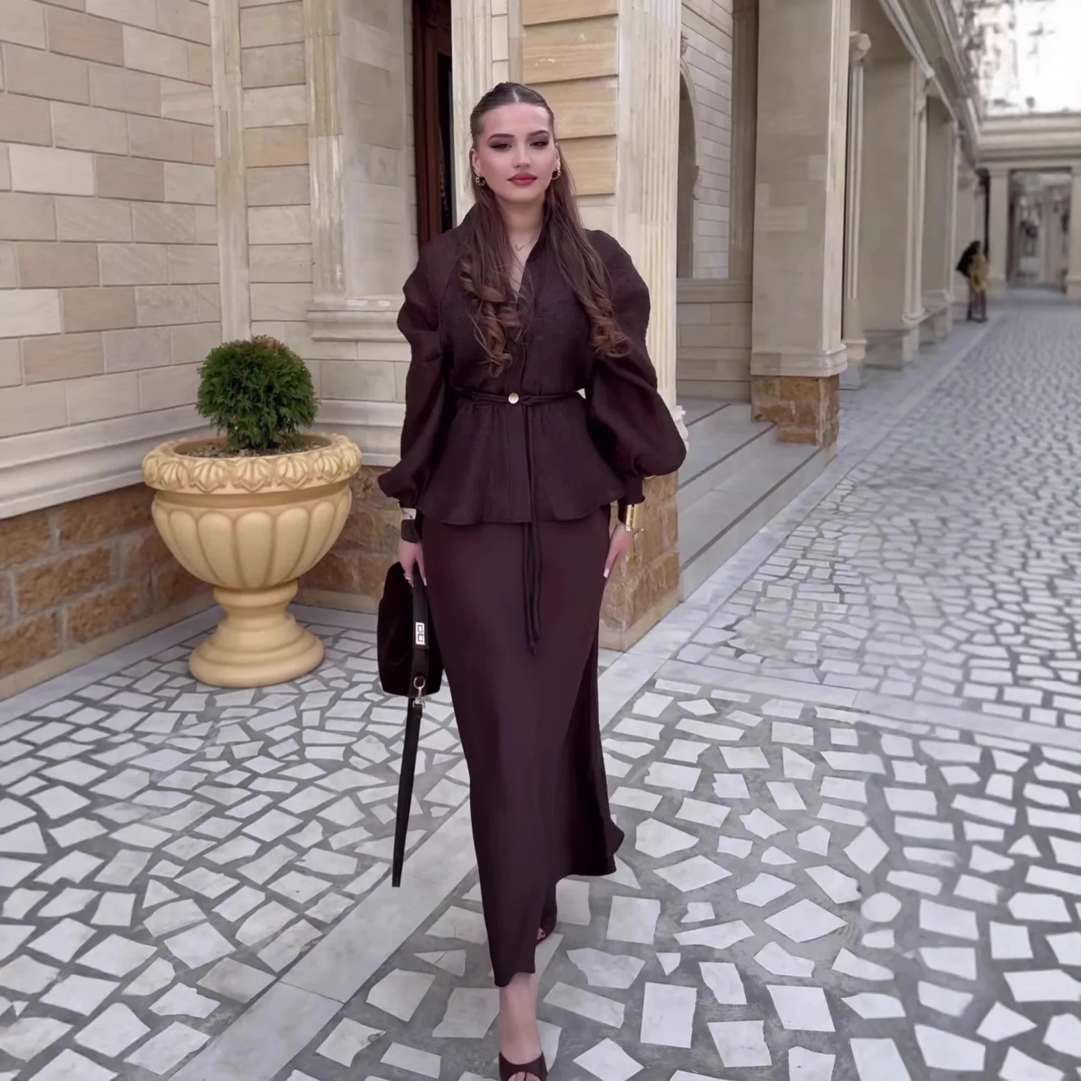 Women Two Piece Sets Skirt Set Full Lantern Sleeve V Neck Belt Tops Skirts A Line High Waist Y2k Streetwear Elegant Work Spring