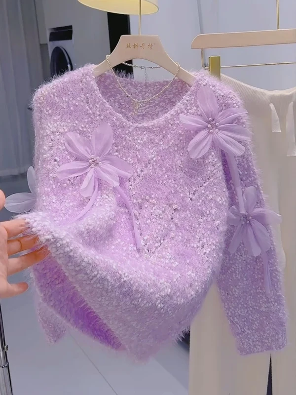 

Ele вязаный свитер с цветочным принтом и бисером, женский мягкий уютный фиолетовый меховой имитационный осенне-зимний теплый круглый топ Ne Long Sve