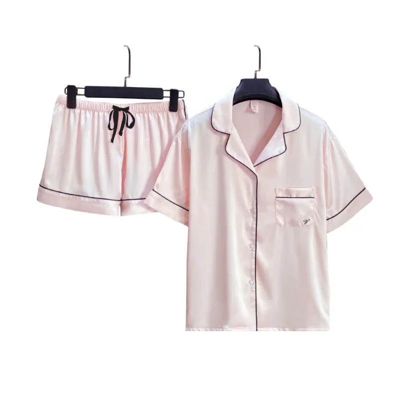 New summer and autumn pink ice silk pajamas, women\'s short sleeved shorts, home clothing two-piece set gece sikiş sleepwear