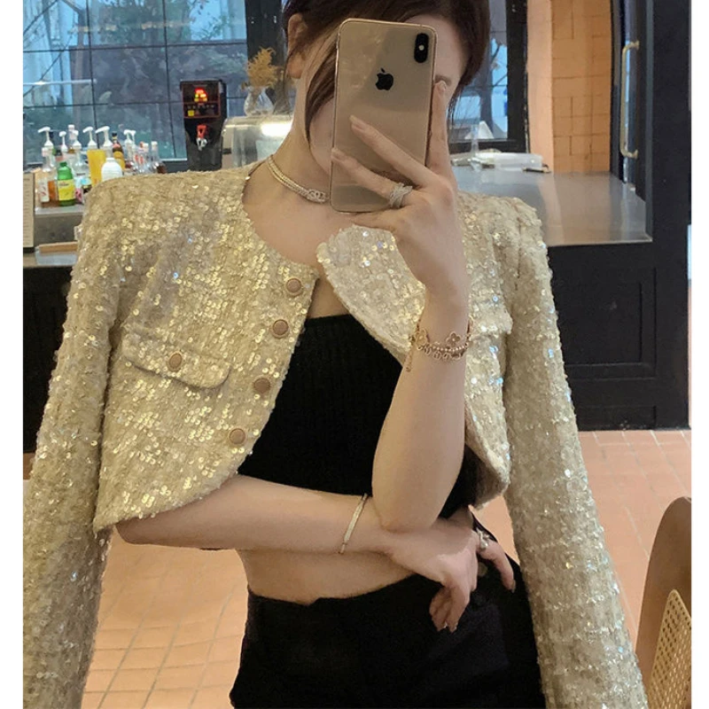 

Women Luxury Sequins Beaded Blazers Coat High Waist Plaids Coarse tweed Suits Cardigan OL Spring Long Sleeve Outwear Crop Tops