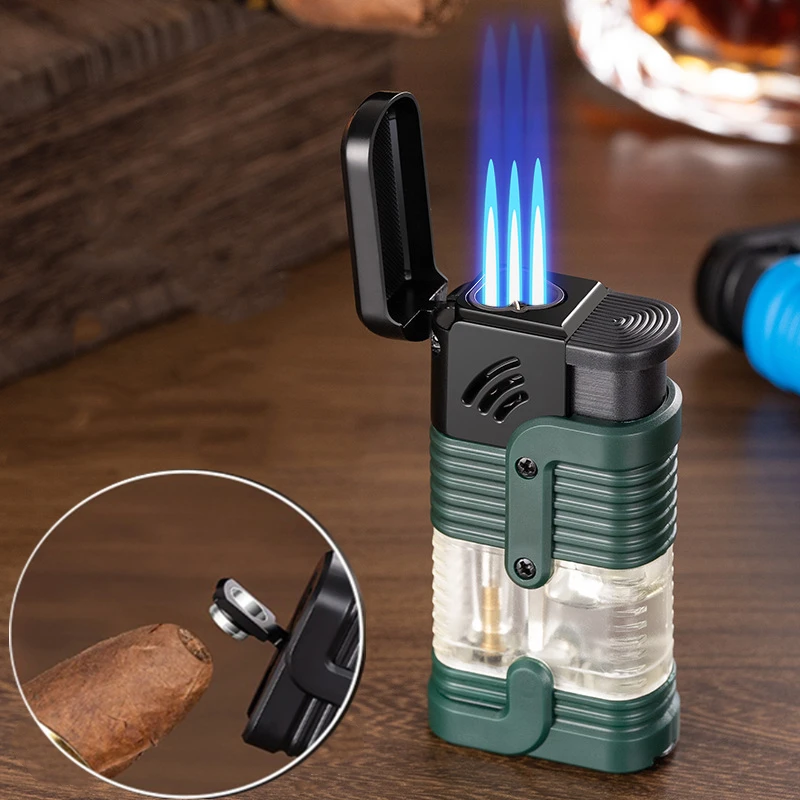 

New Windproof 3 Fire Welding Gun Inflatable Lighter Large Capacity Visual Window Portable Cigar Scissors Men's Small Tool