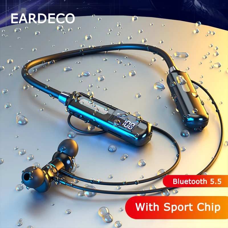 EARDECO con Chip sportivo cuffie Bluetooth cuffie Wireless per basso con microfono auricolari con archetto da collo passi cronometro Calorie