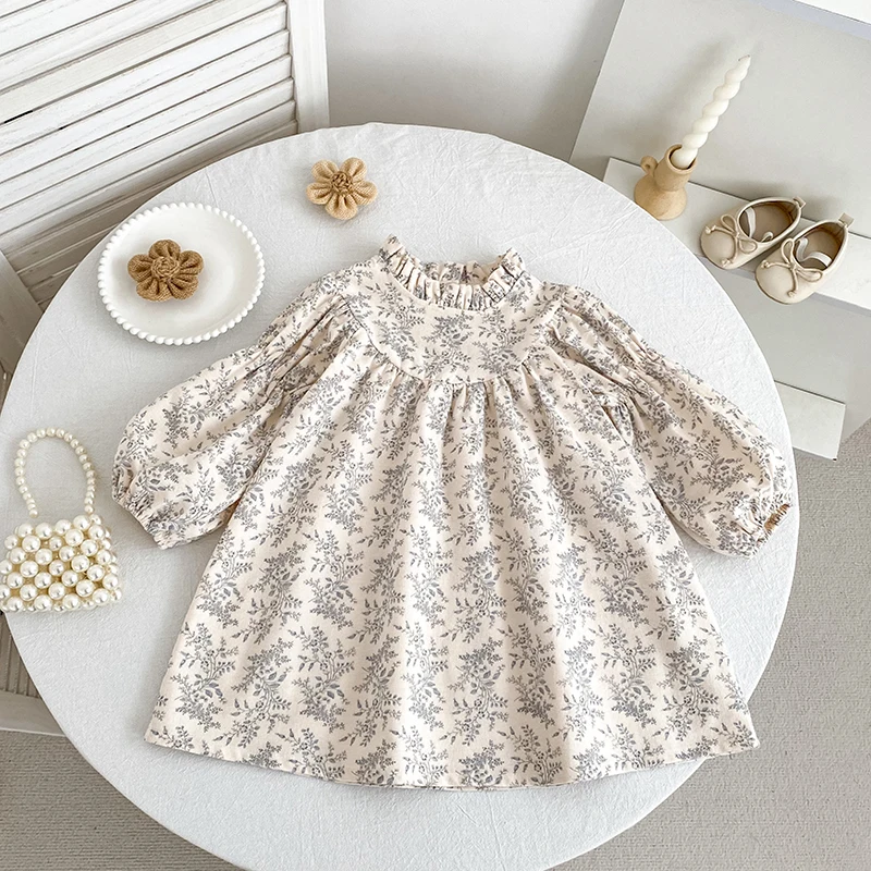 Spring Autumn Toddler Baby Girl Dress Vintage Floral Print Ruffle Collar Long Puff Sleeve Cotton Kids Casual Princess Dress